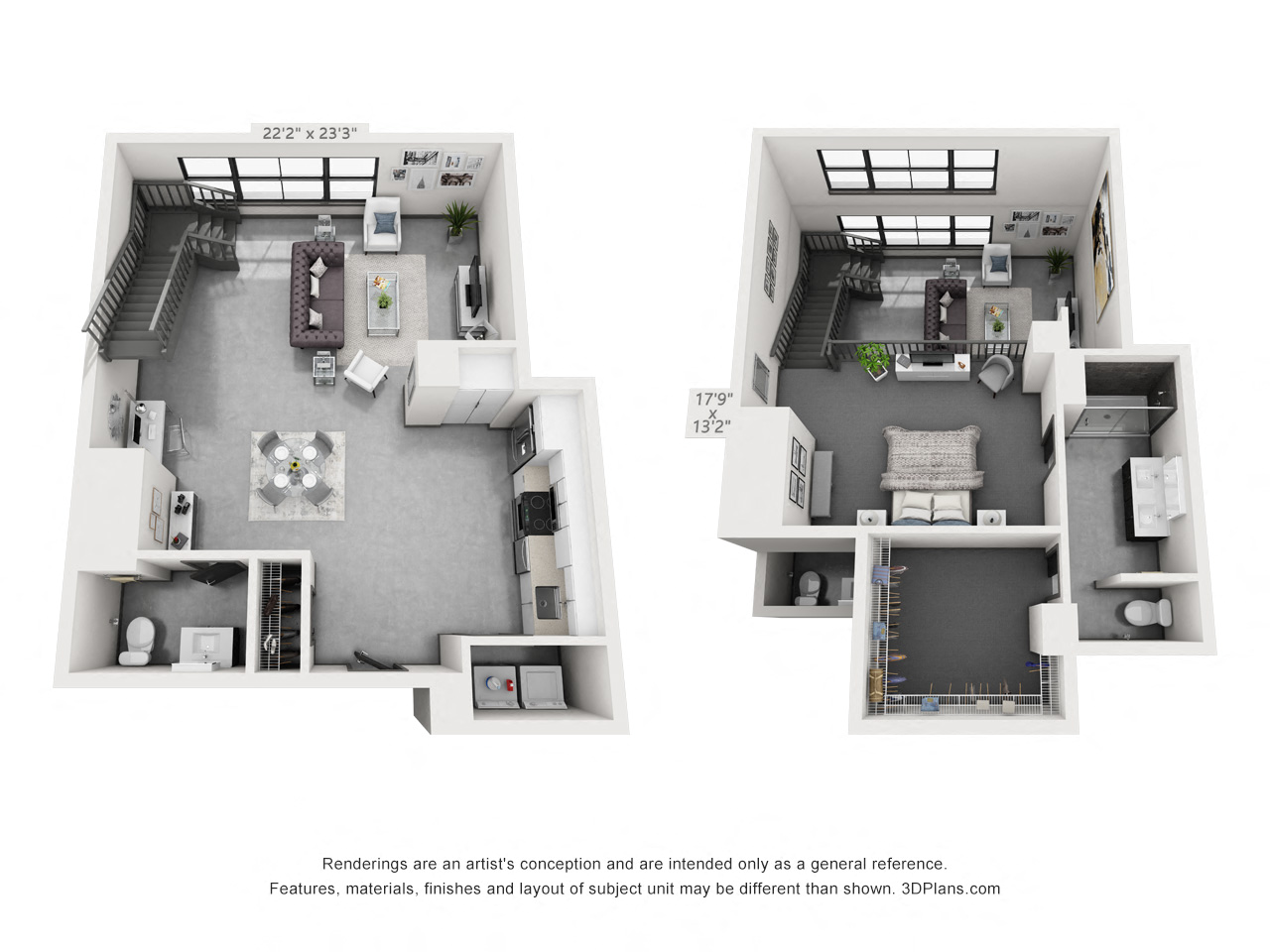 Floor plan for 1 bed, 2 baths, 1076 sqft